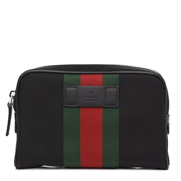 Gucci Techno Web Stripe Black Canvas Leather Trim Waist Belt - Picture 1 of 10